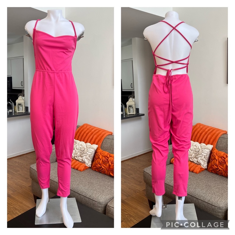 ❣️🆕PrettyLittleThing Shape Hot Pink Lace Up Back Bardot Jumpsuit❣️